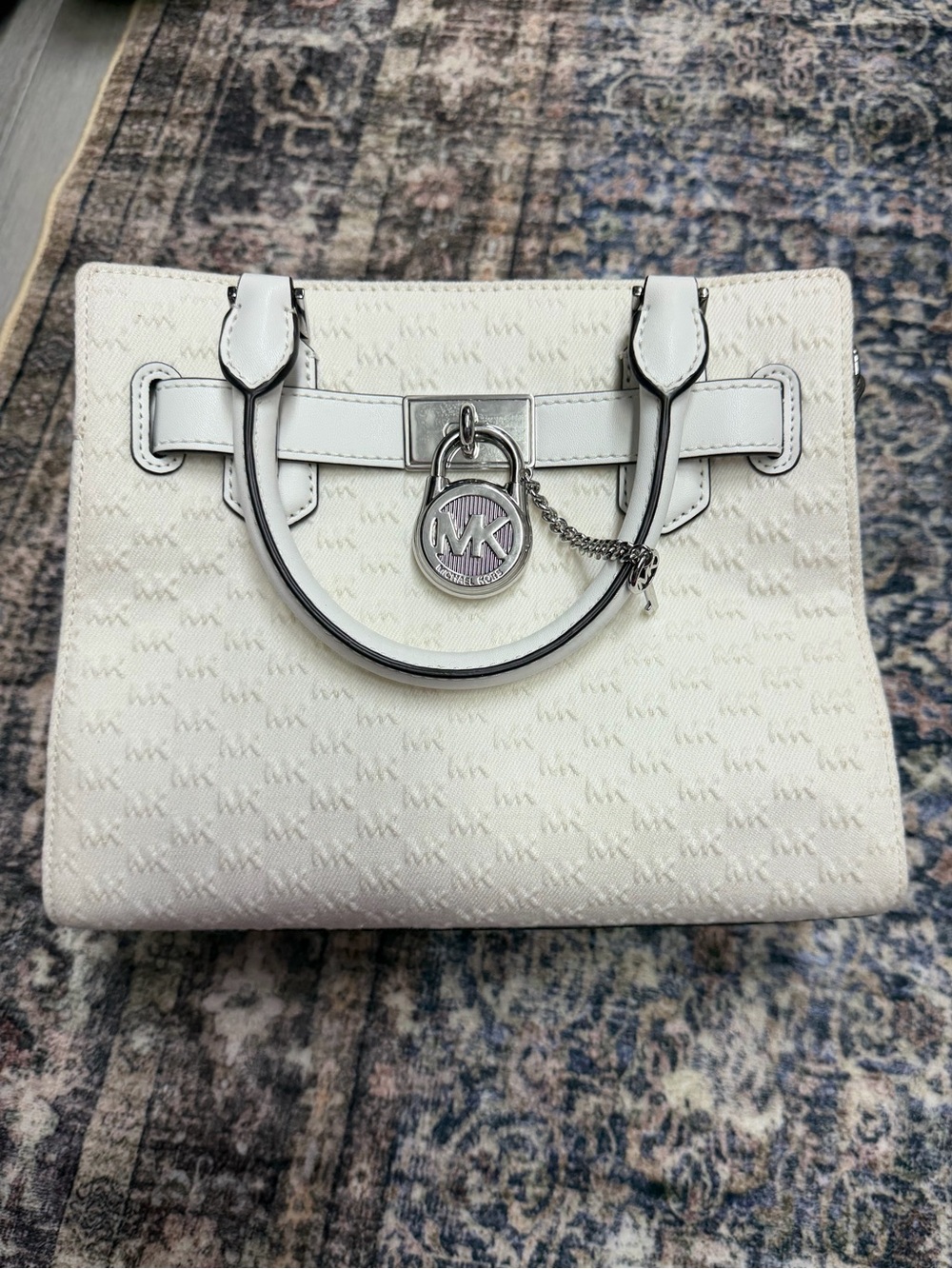 Michael Kors White Monogram Satchel with Silver Hardware